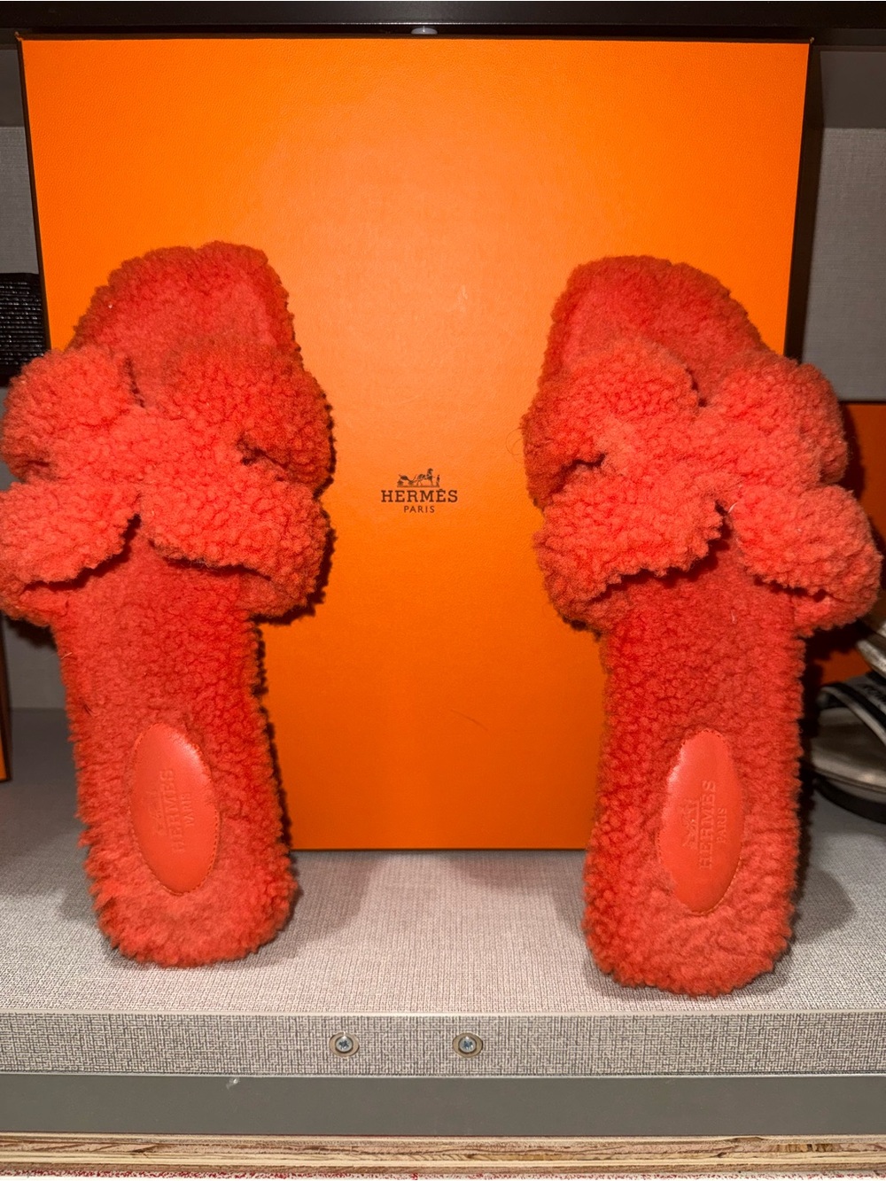 Hermes Orange Shearling Flower Slide Mules